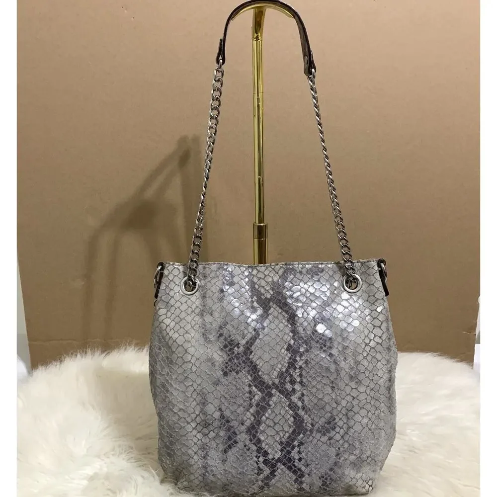 MICHAEL KORS JET SET Gray Python Leather North South Convertible Chain Hobo